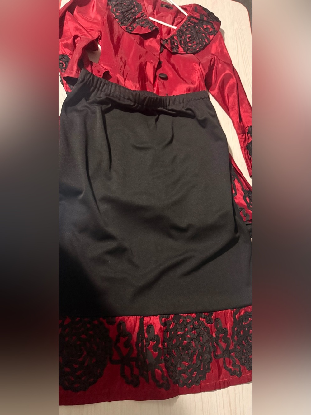 Red Satin Trench Coat with Black Floral Appliqué - Picture 3 of 4